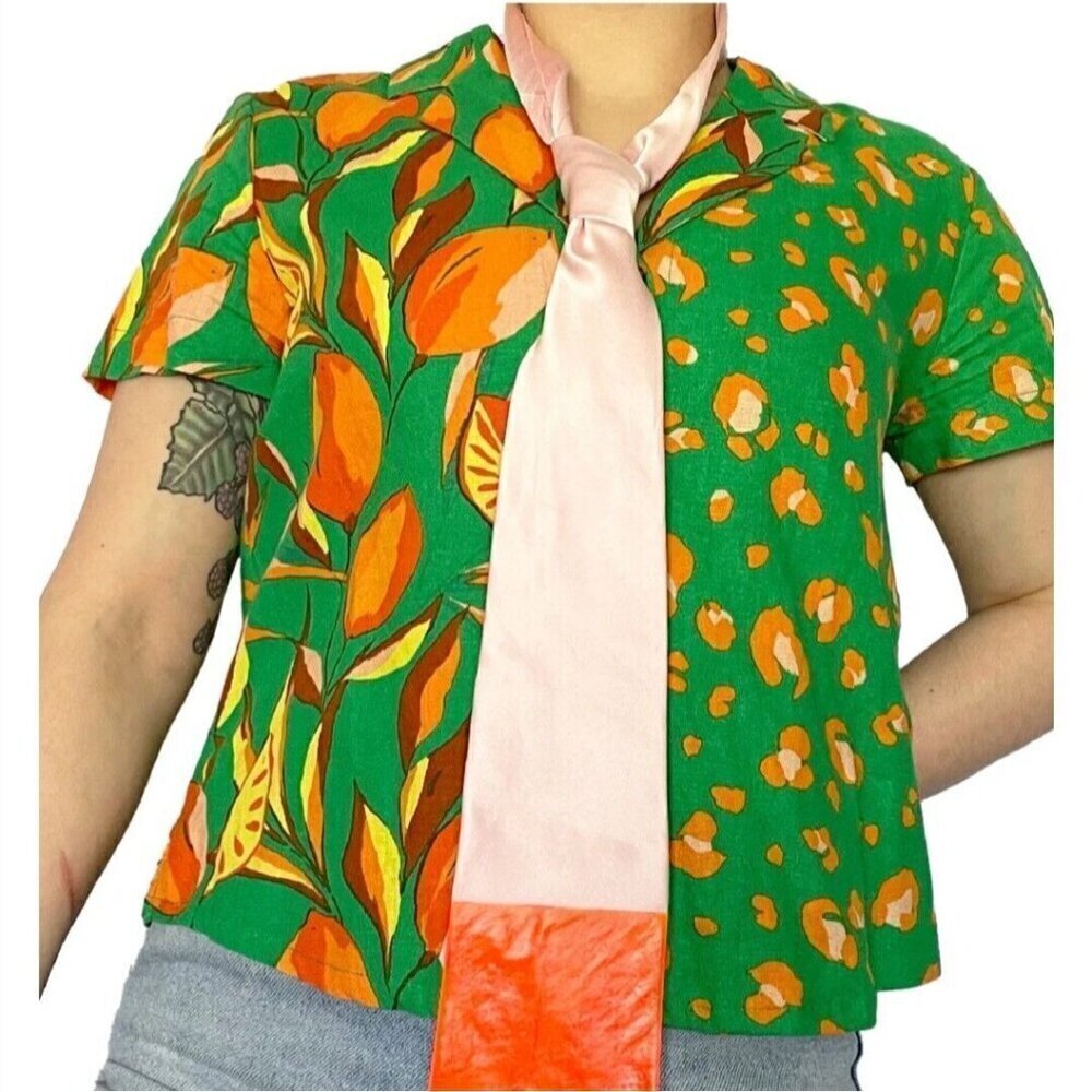 Tabitha Brown Women's‎ Leopard/ Green Orange Print Button-Down Shirt Size Small